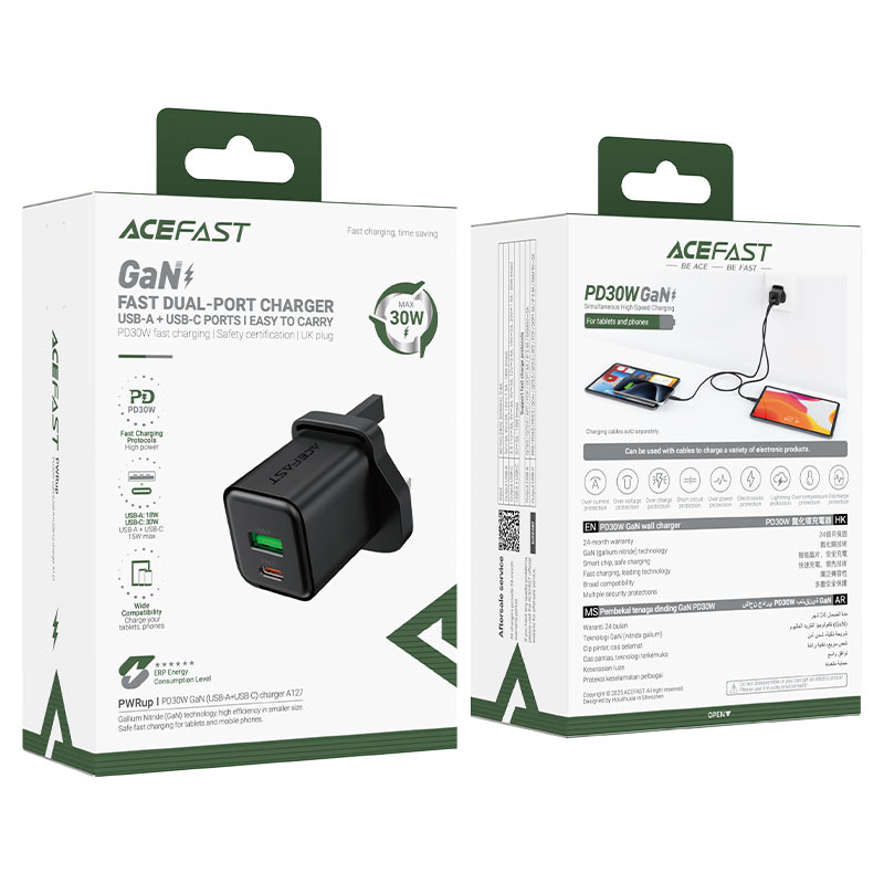 AceFast | 18496 | A127 | PD30W Gan (Usb A+Usb C) Charger | UK | Black AceFast | 18496 | A127 | PD30W Gan (Usb A+Usb C) Charger | UK | Black